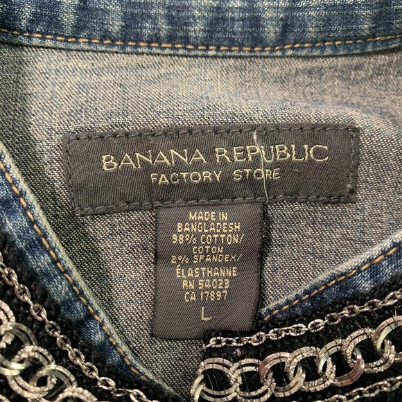 Denim Jacket Red & Black Floral w/Beaded Chain Trim Boho Banana Republic Large - Picture 12 of 14